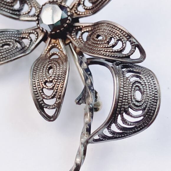 VTG Sterling Silver 925 Gemstone Brooch Mid Century Filigree Flower Black Spinel - Picture 5 of 10